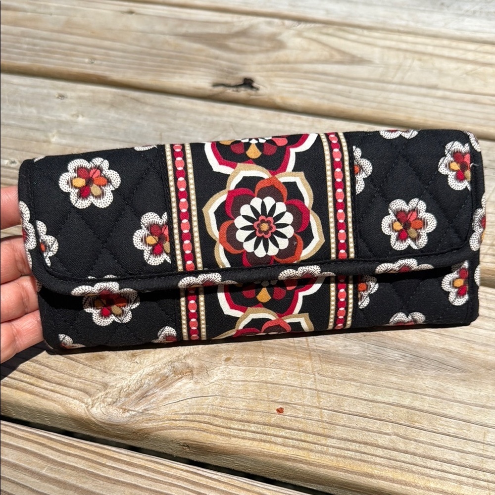 Vera Bradley Black and Red Quilted Wallet with Floral Geometric Pattern